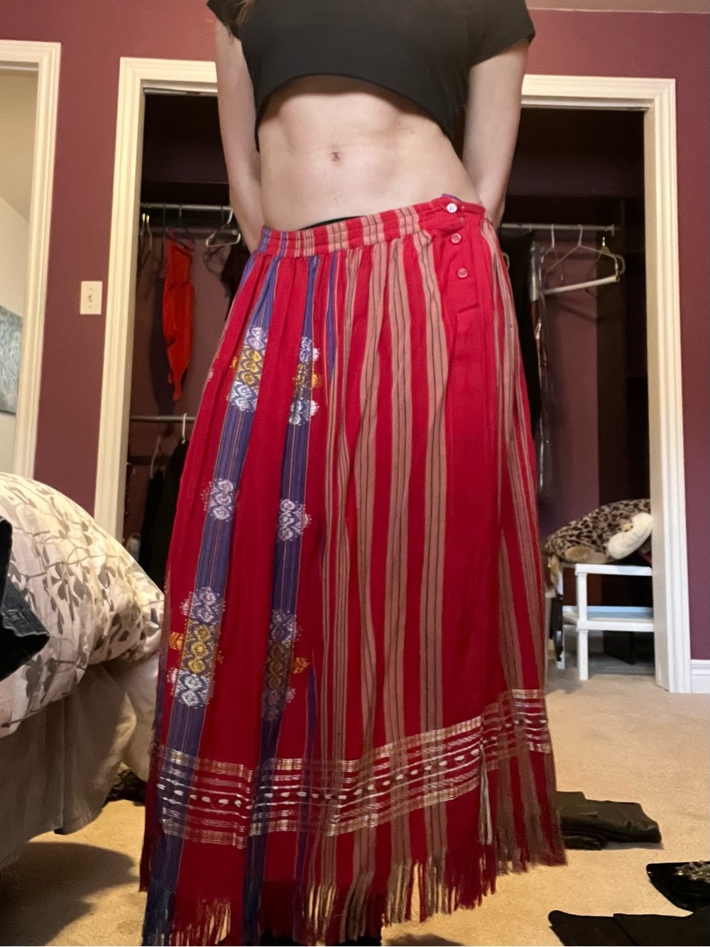 Vintage 80s Hong Kong Bohemian Striped Maxi Skirt with Embroidered Panels